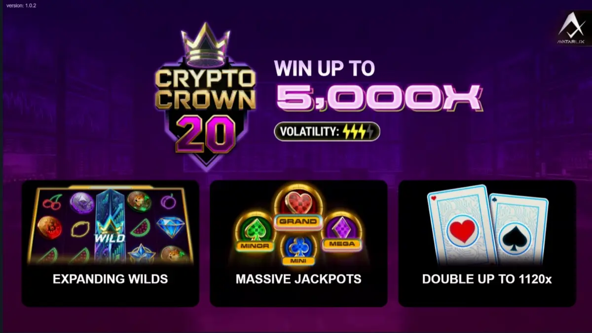Tampilan antarmuka slot Crypto Crown 20 dengan simbol kripto neon