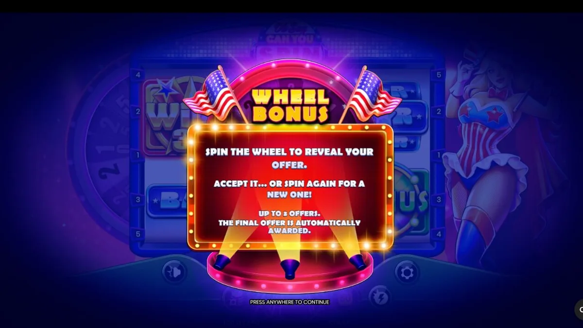 Tampilan visual slot Oh Say Can You Spin dengan tema patriotik dan roda bonus