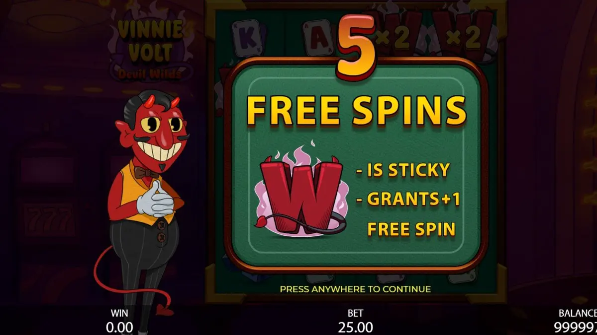 Vinnie Volt: Devil Wilds slot machine interface with cartoon devil host