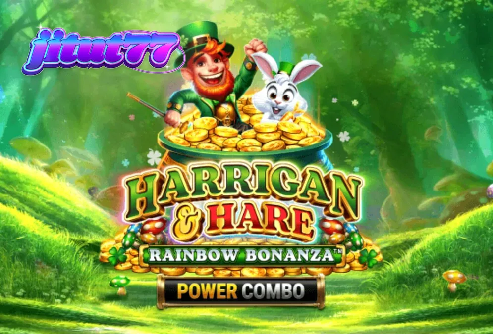 Tampilan visual slot Harrigan & Hare Rainbow Bonanza Power Combo dengan latar belakang bukit Irlandia